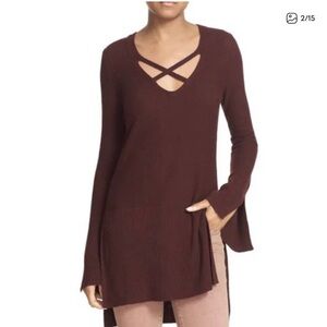 Free People Burgundy Brown V‑Neck Crisscross Tunic Sweater Size M